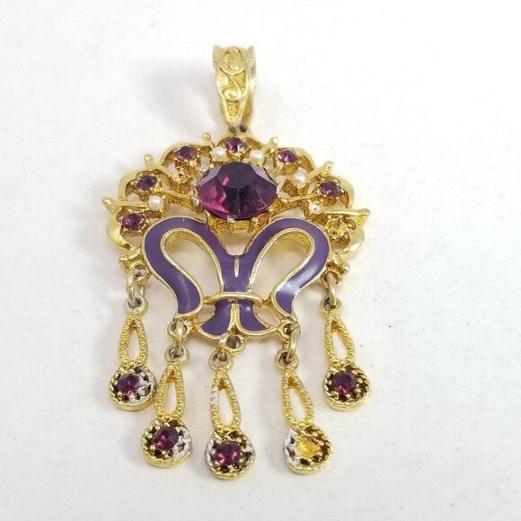 Vintage Purple Rhinestone Enamel Pendant, Gold Tone Setting Unique Design Estate - Picture 1 of 7